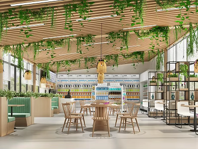 Modern Restaurant Interior Featuring Wooden Ceiling Hanging Green Plants Pendant Lights Dining Tables And Chairs 3d model