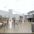 Modern Café Interior With Cozy Tables Chairs Bar Counter And Bookshelves