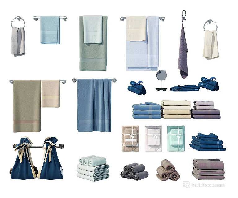 Various Colored Towels Hanging And Folded In Different Styles For Bathroom Decor 3d model 