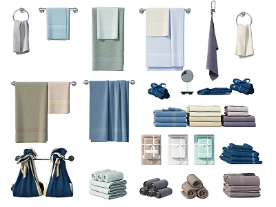 Various Colored Towels Hanging And Folded In Different Styles For Bathroom Decor 3d model