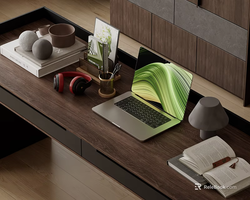 Modern Desk Decorative Ornament Combination With Laptop Red Headphones Pencil Holder Books And Table Lamp 3d model 