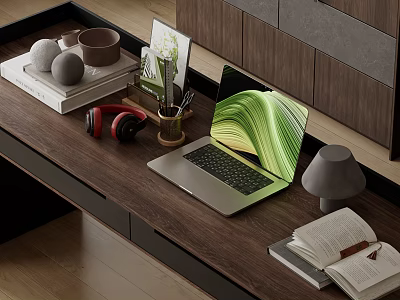 Modern Desk Decorative Ornament Combination With Laptop Red Headphones Pencil Holder Books And Table Lamp 3d model
