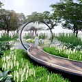 Garden Ornament With Circular Arch Structure Illuminated Lights Wooden Pathway And Green Plants