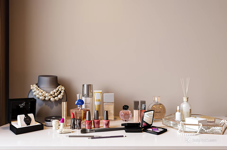 Perfume and Cosmetics on White Table with Bottles Nail Polishes Makeup Brushes and Beige Background 3d model 