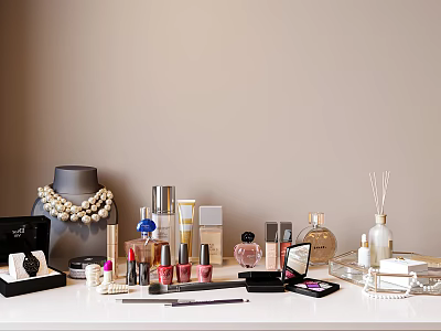 Perfume and Cosmetics on White Table with Bottles Nail Polishes Makeup Brushes and Beige Background 3d model