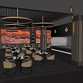 Elegant Restaurant Interior With Hanging Round Pendant Lights Red Decorative Wall And Round Dining Tables