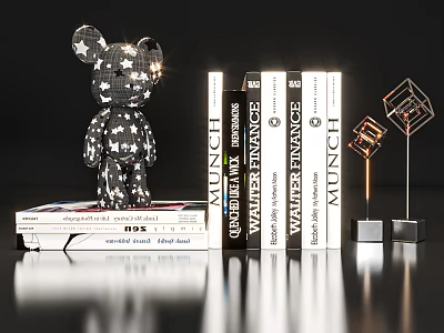 Modern Decorative Ornament Set With Sparkling Bear Figure Stacked Books And Geometric Metallic Pieces 3d model