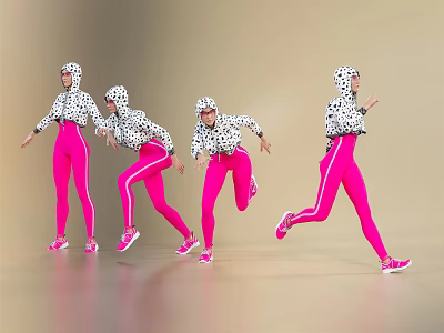 Women In White Spotted Hoodies And Pink Leggings Running On Light Background 3d model