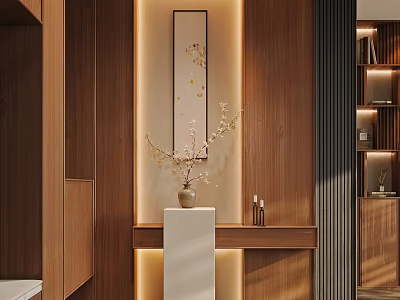 Wooden Entryway Hallway Interior Design With Vertical Painting White Console Vase And LED Lighting 3d model