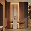 Wooden Entryway Hallway Interior Design With Vertical Painting White Console Vase And LED Lighting