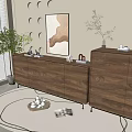 Modern Wooden Entryway Cabinet And Sideboard With Decorative Items And Circular Wall Designs