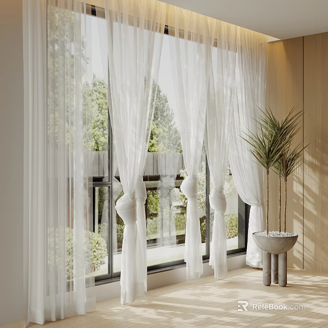 Sheer White Curtains For Window With Greenery Outside And Potted Plant 3d model 