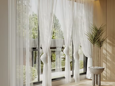 Sheer White Curtains For Window With Greenery Outside And Potted Plant 3d model