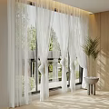 Sheer White Curtains For Window With Greenery Outside And Potted Plant