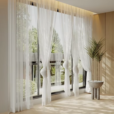 Sheer White Curtains For Window With Greenery Outside And Potted Plant 3d model
