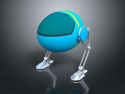 Game Movie Character Spherical Teal Blue Robot With Yellow Stripe And Silver Mechanical Legs 3d model