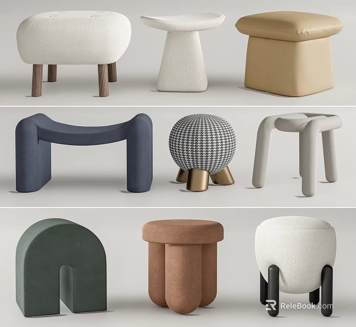 Modern Upholstered Sofa Stools With Various Designs And Neutral Tones For Living Room Decor 3d model 