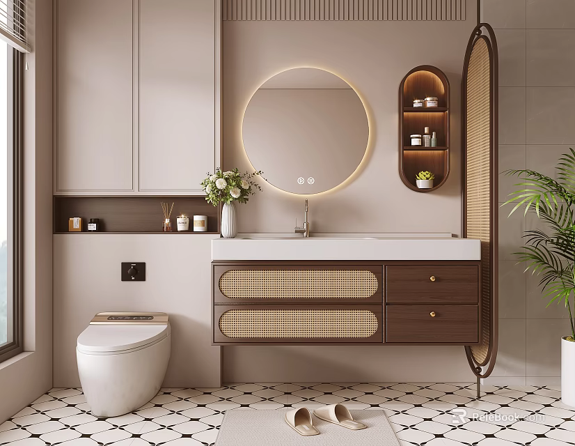 Modern Bathroom Cabinet Rack Design With Round Mirror Wooden Drawers White Countertop And Green Plant 3d model 