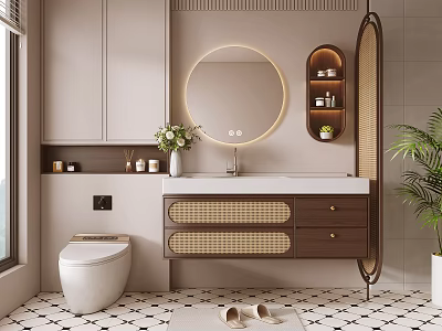 Modern Bathroom Cabinet Rack Design With Round Mirror Wooden Drawers White Countertop And Green Plant 3d model