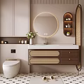 Modern Bathroom Cabinet Rack Design With Round Mirror Wooden Drawers White Countertop And Green Plant