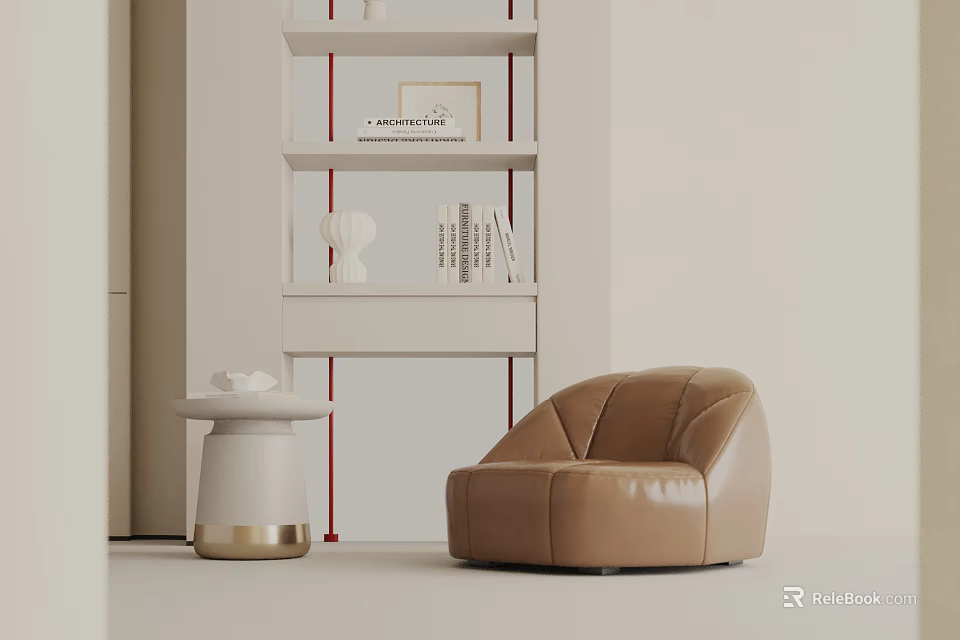 Brown Leather Lounge Chair With Small White Side Table Near Bookshelf In Modern Room 3d model 