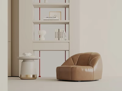 Brown Leather Lounge Chair With Small White Side Table Near Bookshelf In Modern Room 3d model
