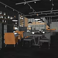 Modern Industrial Café Interior With Open Space Wooden Tables Hanging Lamps And Green Plants