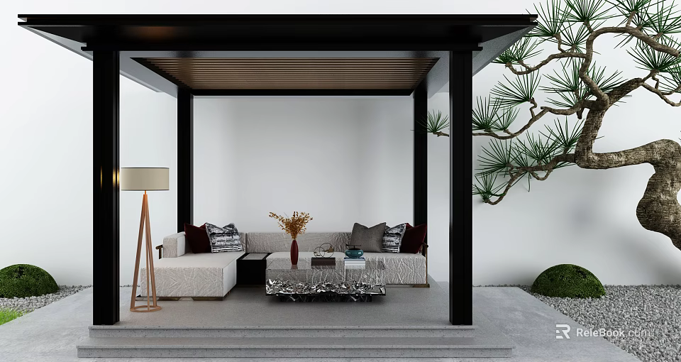 Black Framed Pergola with Wooden Roof Outdoor Seating White Walls Floor Lamp and Pine Tree 3d model 