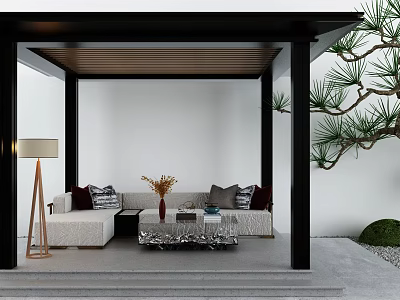 Black Framed Pergola with Wooden Roof Outdoor Seating White Walls Floor Lamp and Pine Tree 3d model