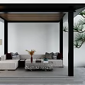 Black Framed Pergola with Wooden Roof Outdoor Seating White Walls Floor Lamp and Pine Tree
