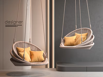 Two Stylish Rattan Hanging Chairs With Yellow Cushions In Modern Interior Design 3d model