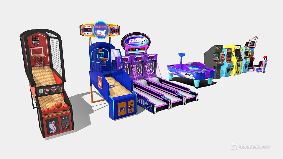 Colorful Arcade Entertainment Appliances Featuring Basketball Bowling Air Hockey And Game Machines 3d model 