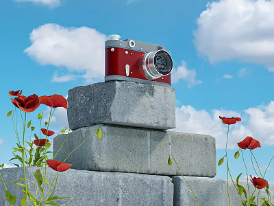 Red Digital Camera Placed On Stone Blocks With Red Poppies And Blue Sky Clouds 3d model