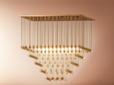 Elegant Golden Chandelier with Hanging Chains and Crystal Decorations Illuminated 3d model