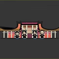 Traditional Chinese Architecture Featuring Yellow Purple Roof Curved Black Eaves Front Columns And Figures