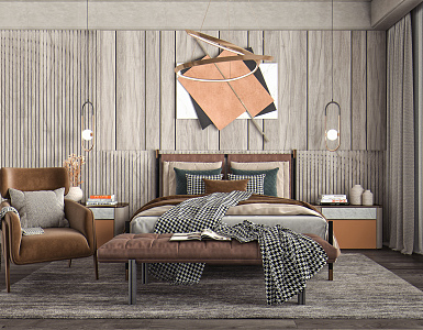 Modern Background Double Bed Master Room Double Bed Chandelier 3d model