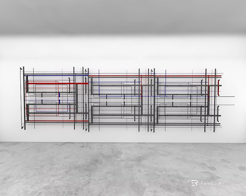 Abstract Wall Art With Colorful Lines On White Background And Gray Floor 3d model 