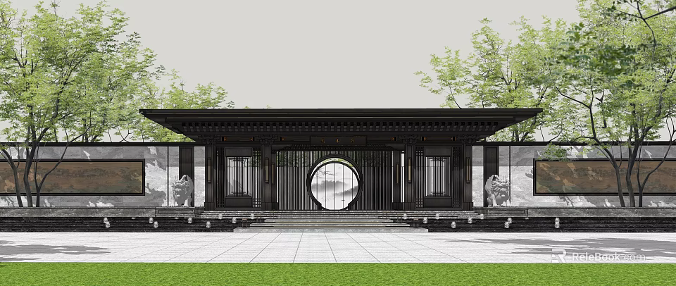 Traditional Chinese Style Entrance Gate With Round Portal Black Roof Stone Lions And Greenery 3d model 