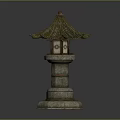Fallen Leaves Surrounding Traditional Stone Lantern With Pagoda Style Roof And Stone Base