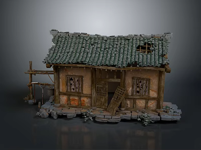 Old Chinese Cottage Model with Broken Roof Tiles Wooden Mud Walls Windows and Weeds 3d model