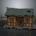 Old Chinese Cottage Model with Broken Roof Tiles Wooden Mud Walls Windows and Weeds