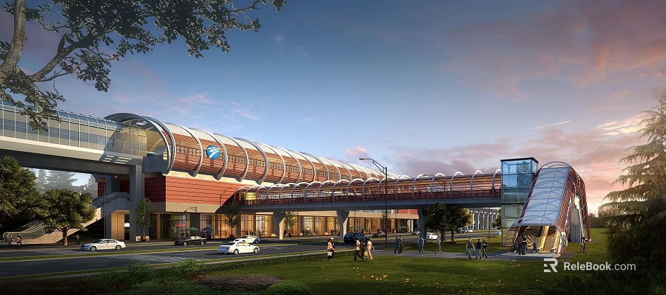 Modern Transportation Hub With Curved Glass Roof Connecting Buildings Pedestrians And Vehicles 3d model 