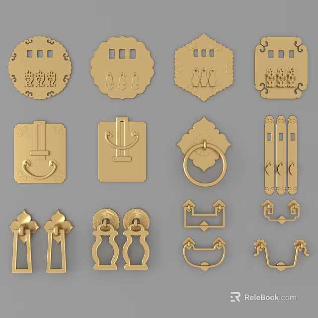 Elegant Decorative Golden Cabinet Handles With Ornate Designs And Various Shapes 3d model 