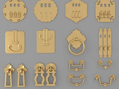 Elegant Decorative Golden Cabinet Handles With Ornate Designs And Various Shapes 3d model