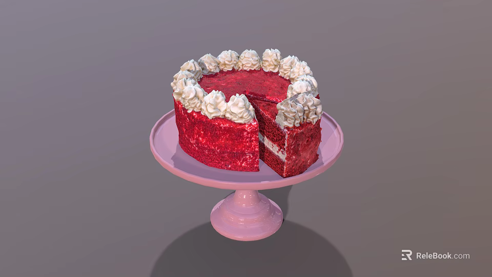 Red Velvet Cake With White Cream Topping On Pink Cake Stand And Sliced Piece 3d model 