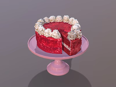 Red Velvet Cake With White Cream Topping On Pink Cake Stand And Sliced Piece 3d model