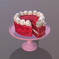 Red Velvet Cake With White Cream Topping On Pink Cake Stand And Sliced Piece