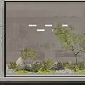 Mini Garden Decorative Scene With Small Trees Bushes Stones And Textured Wall Background