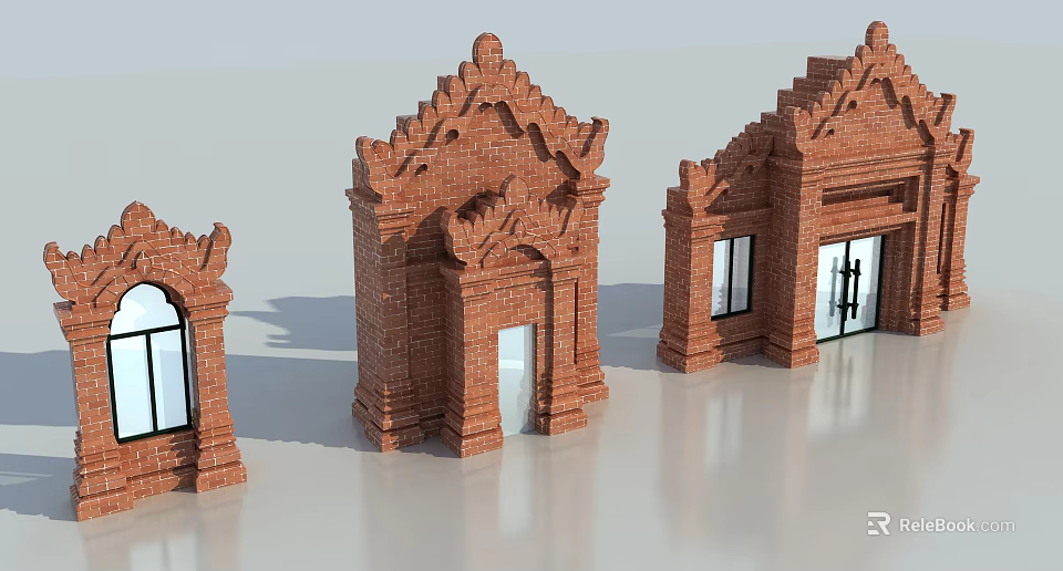 Traditional Red Brick Entry Gates With Ornate Carvings And Different Door Designs 3d model 