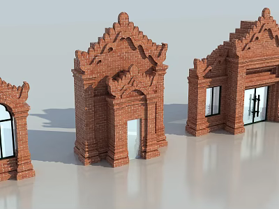 Traditional Red Brick Entry Gates With Ornate Carvings And Different Door Designs 3d model